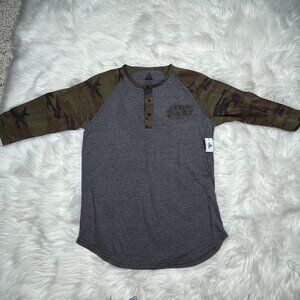 NEW Star Wars Henley T-Shirt Men's Small Camo Camouflage Rebel Sign 3/4 Sleeve